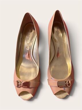 Coach Nude Peep-Toe Heels with Gold Accent
